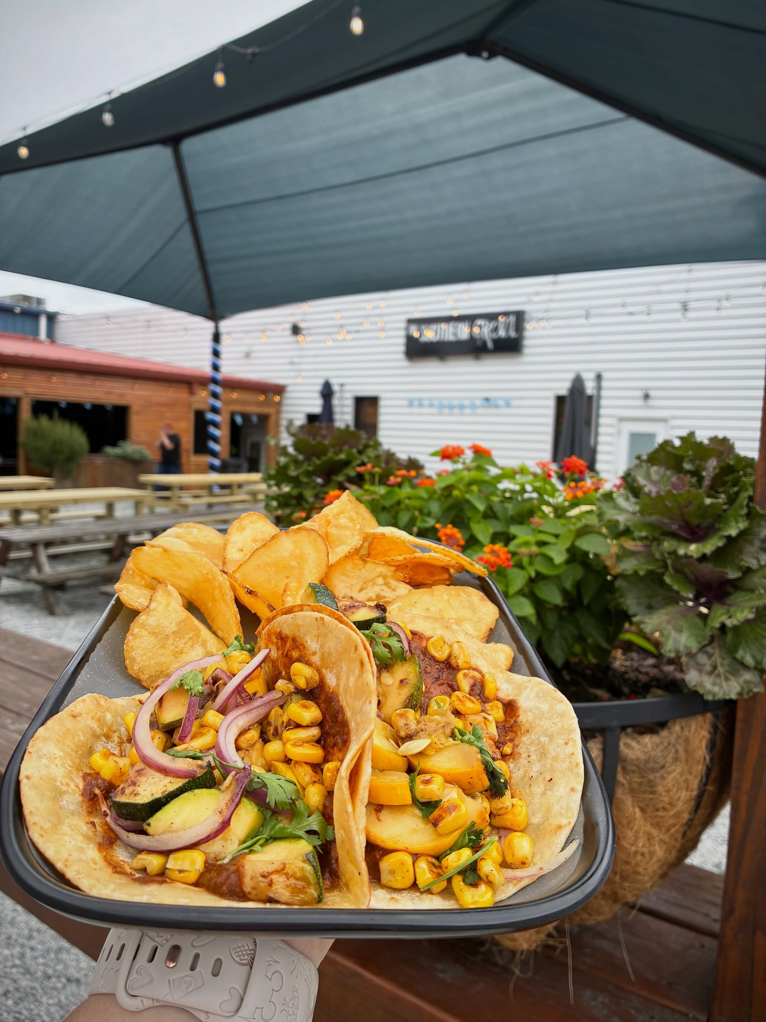 CALABACITAS TACOS
Grilled zucchini, squash, cherry peppers, corn and onion with a mole spread and cilantro on flour tortillas. Available during lunch, dinner, and brunch. 
Pair with HALF &amp; HALF (nitro Irish stout and Howler Bock) 
Food and drink 