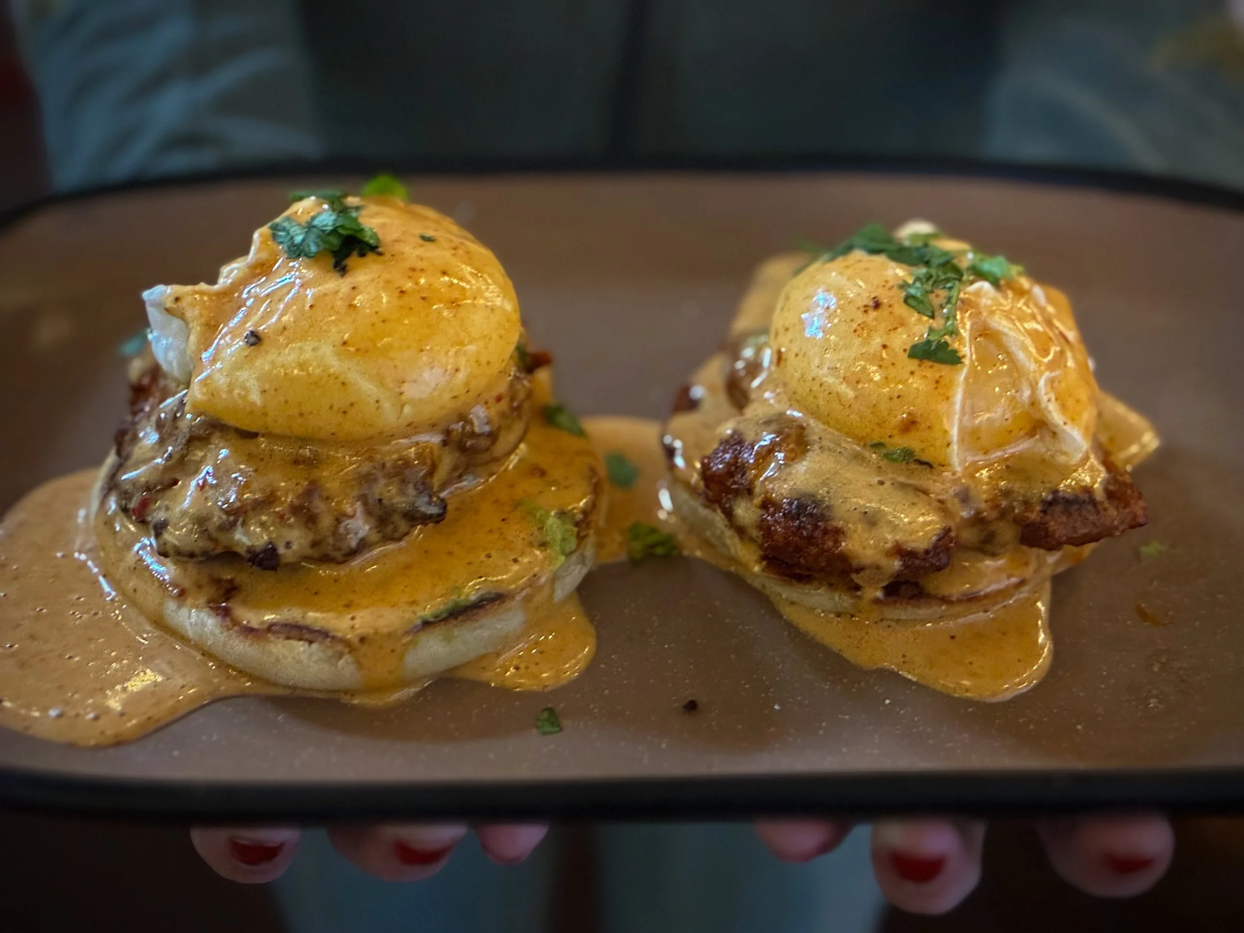 CHORIZO BENEDICT 
English muffin topped with 2 poached eggs, chorizo patty, avocado spread, chipotle lime hollandaise and cilantro. 
Available Saturday and Sunday during brunch. 
Pair with GREER BEER available on draft and in 16oz cans to-go.
Full fo