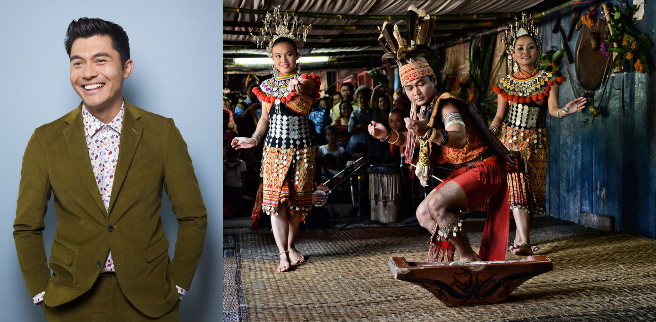 Henry Golding plays Nicholas Young; the Iban cultural dance in Sarawak
