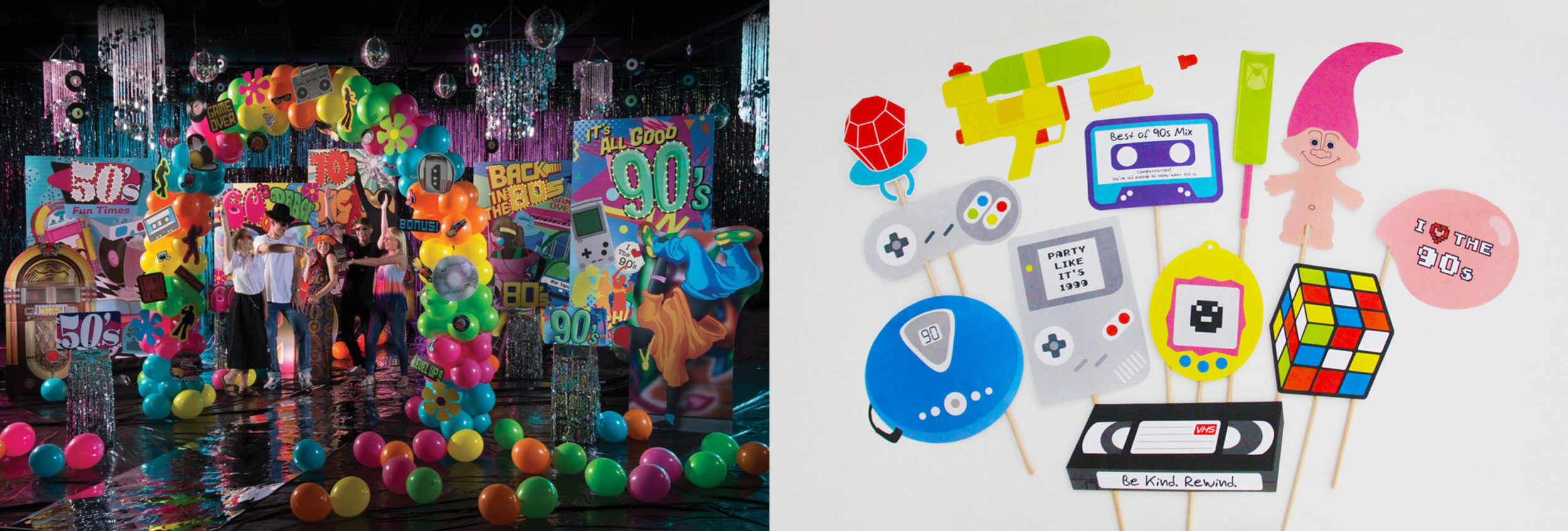 Nostalgia themed parties: Stumps Party Through the Decades Theme Kit (left), printable 90s party props (right)