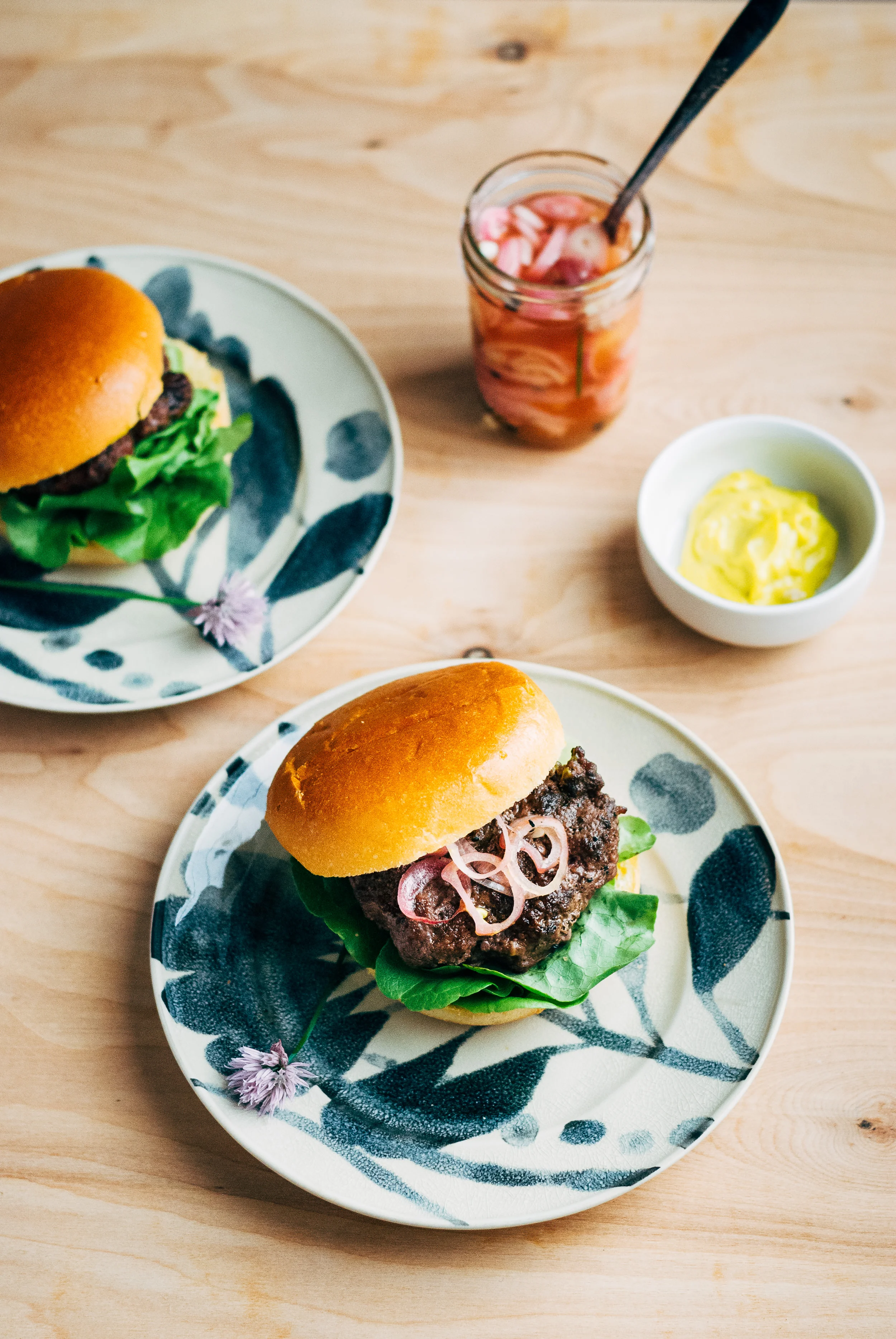 Grass Fed Burgers with Quick Pickled Shallots