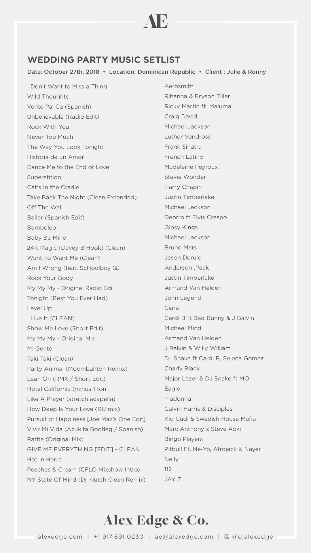 SET LISTS — Alex Edge & Co.