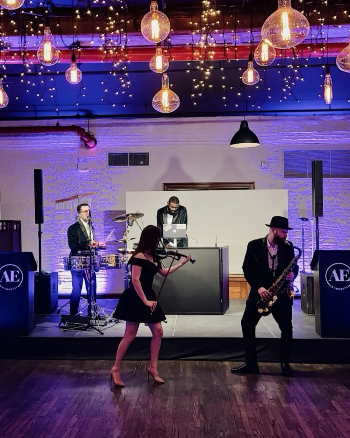 Combining the best elements of DJ &amp; Live Instruments we get our favorite Hybrid Entertainment Ensemble. When modern music with classic elements like sax, violin and percussion you get a high energy blend of fresh sounds. 

Lighting and Staging @p