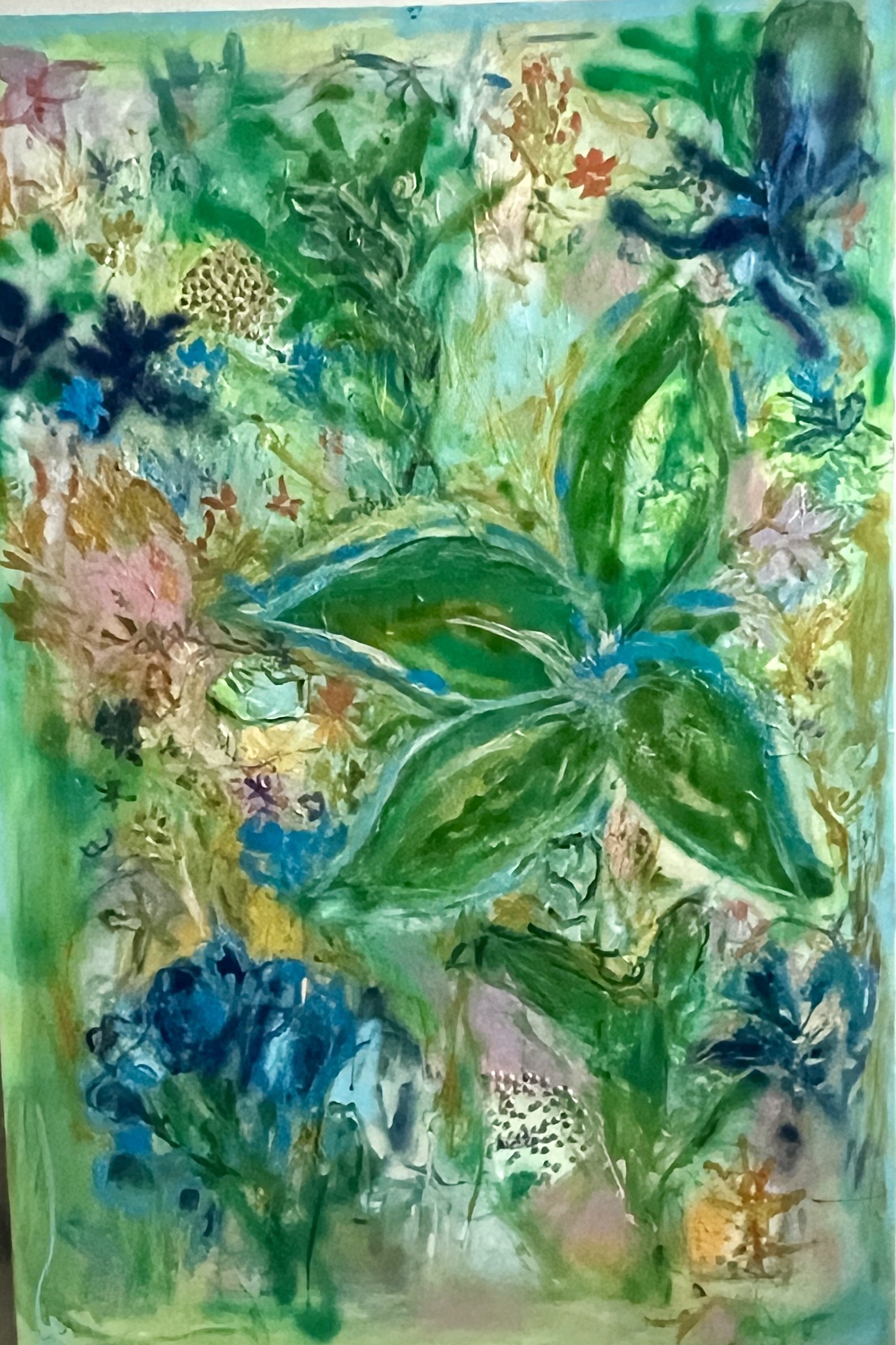 Peinture abstraite représentant un bouquet de fleurs avec des feuilles vertes, des fleurs colorées en bleu, rose, jaune et orange, dans un style artistique fluide et dynamique.