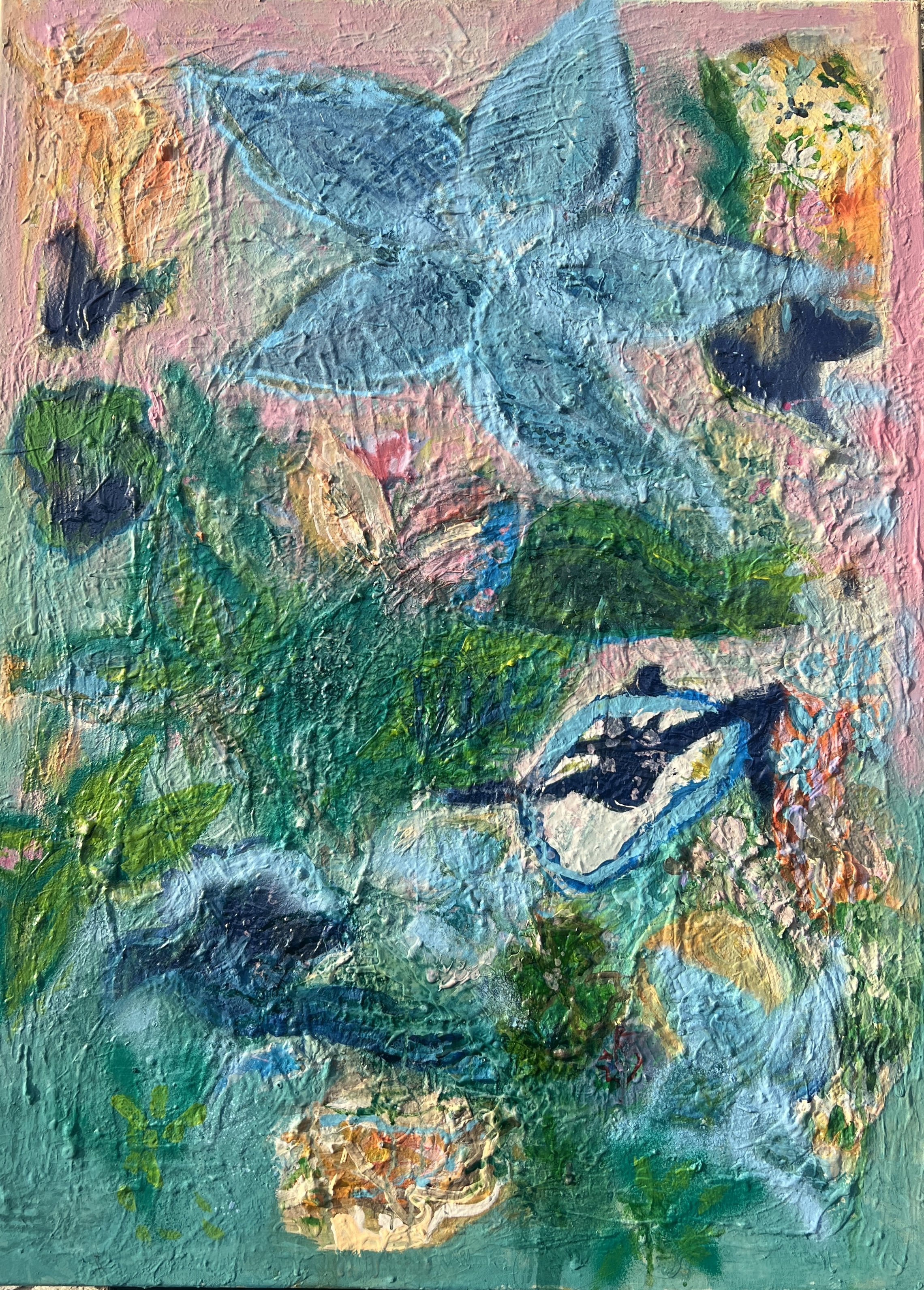 peinture abstraite avec des feuilles vertes, une étoile bleue, et des formes colorées sur un fond rose et vert.