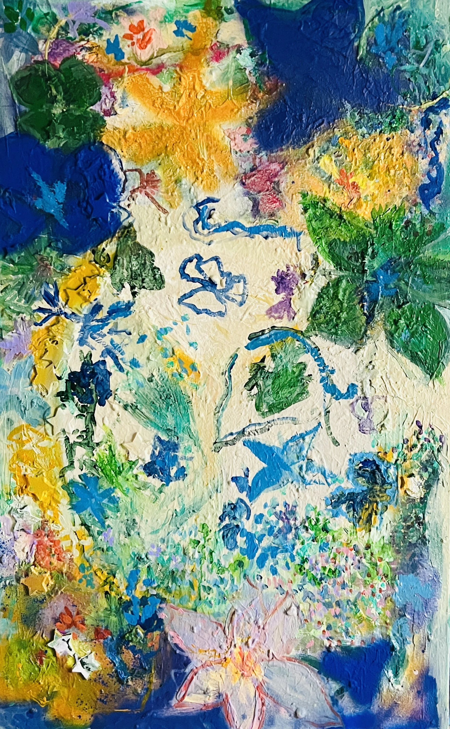 Une peinture colorée représentant un jardin avec diverses fleurs, feuilles et papillons.