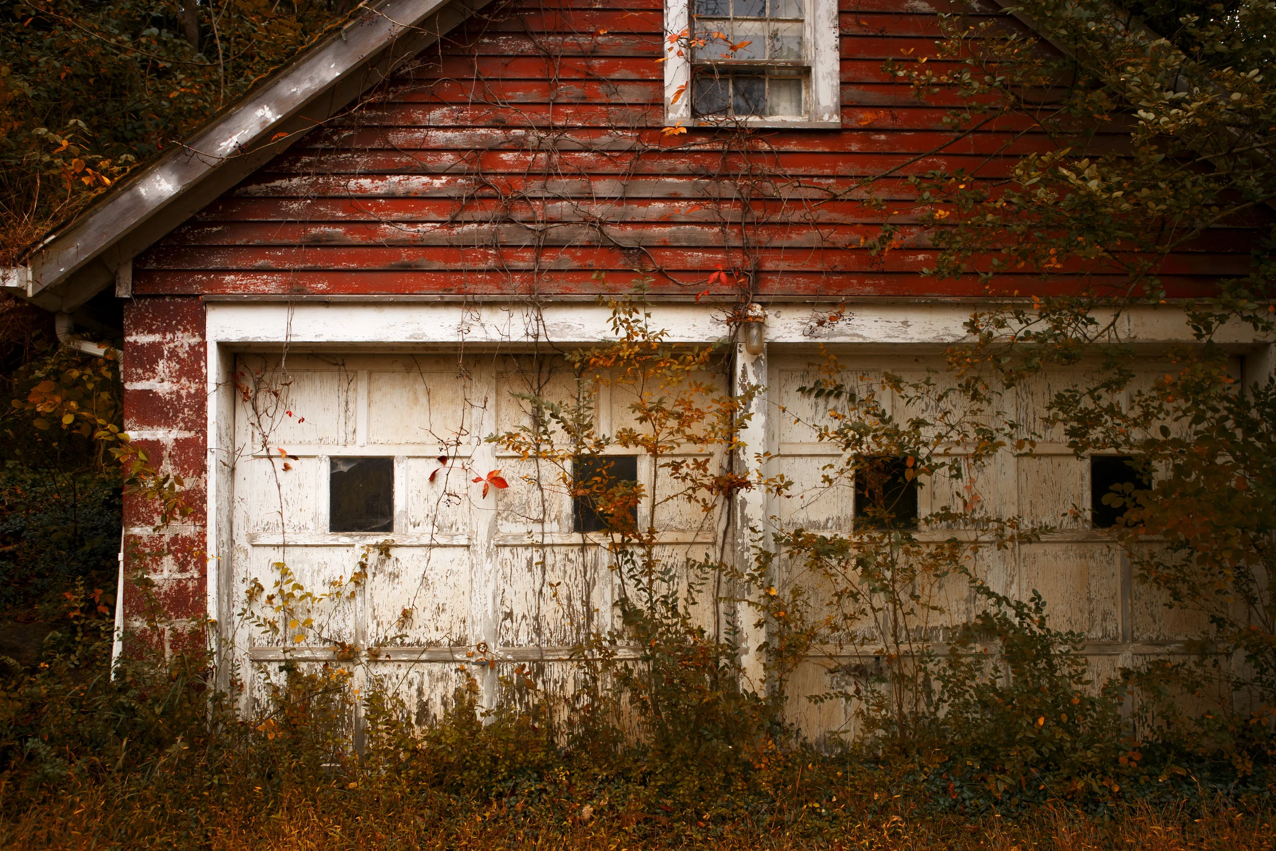 Red vintage garage - red wall decor, autumn, fall art