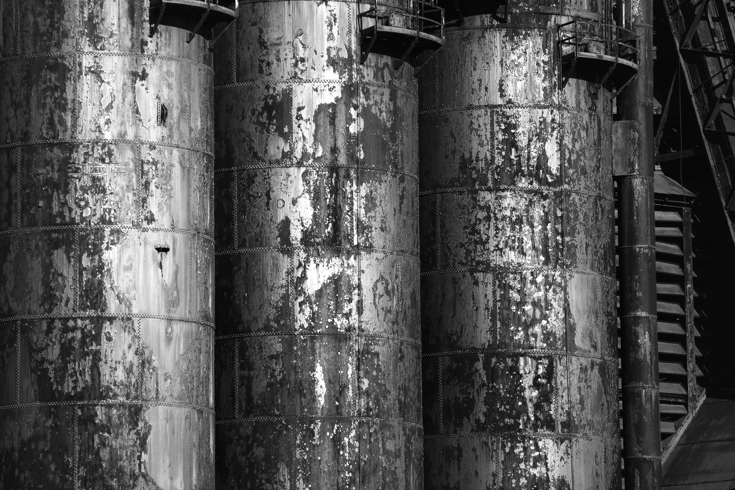 Large black and white industrial art -- steel tanks from Bethlehem