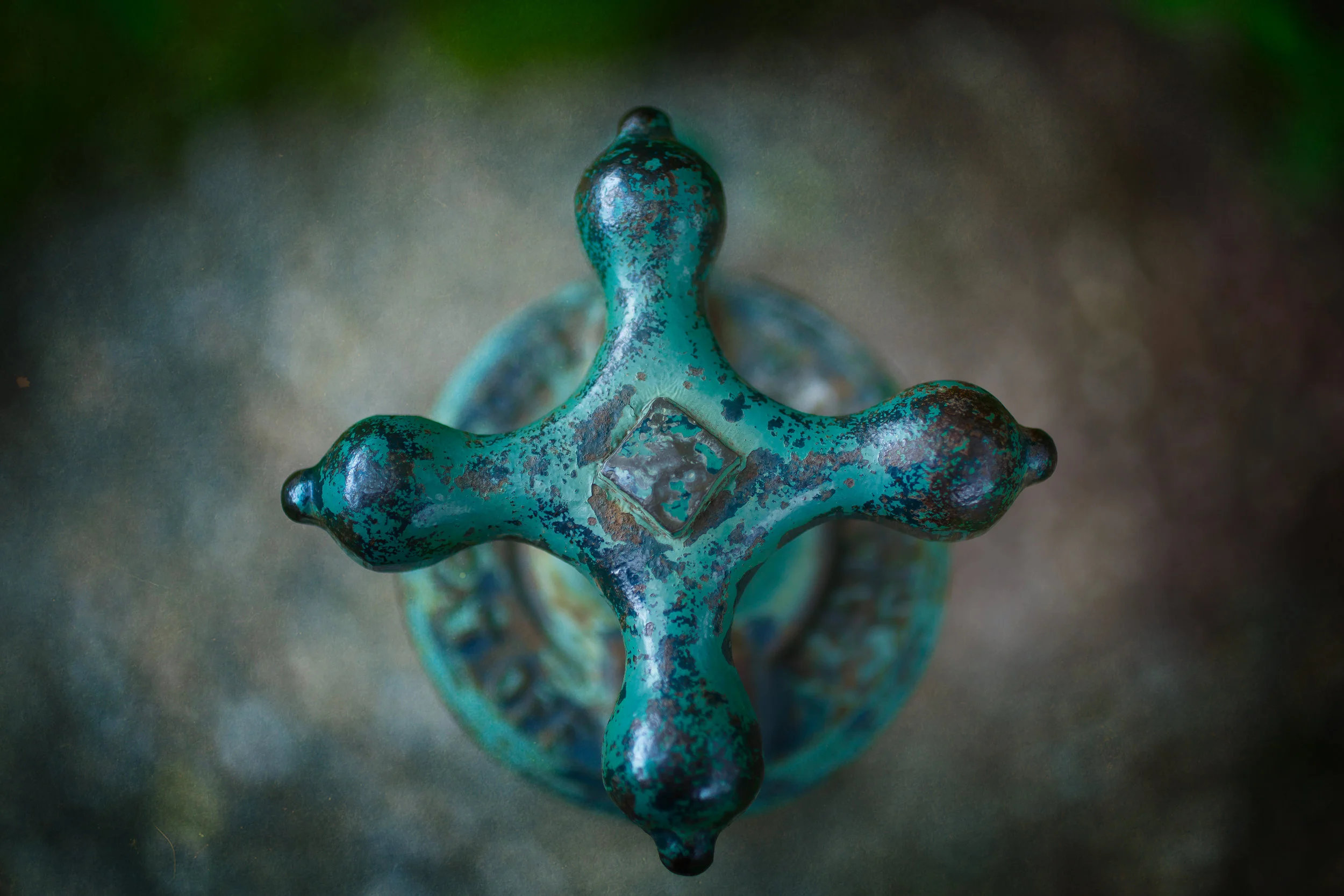 Rustic bathroom art -- old green faucet, bathroom decor