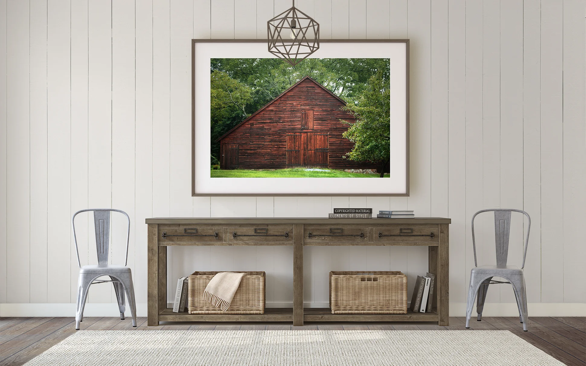 Interior with rustic red barn art