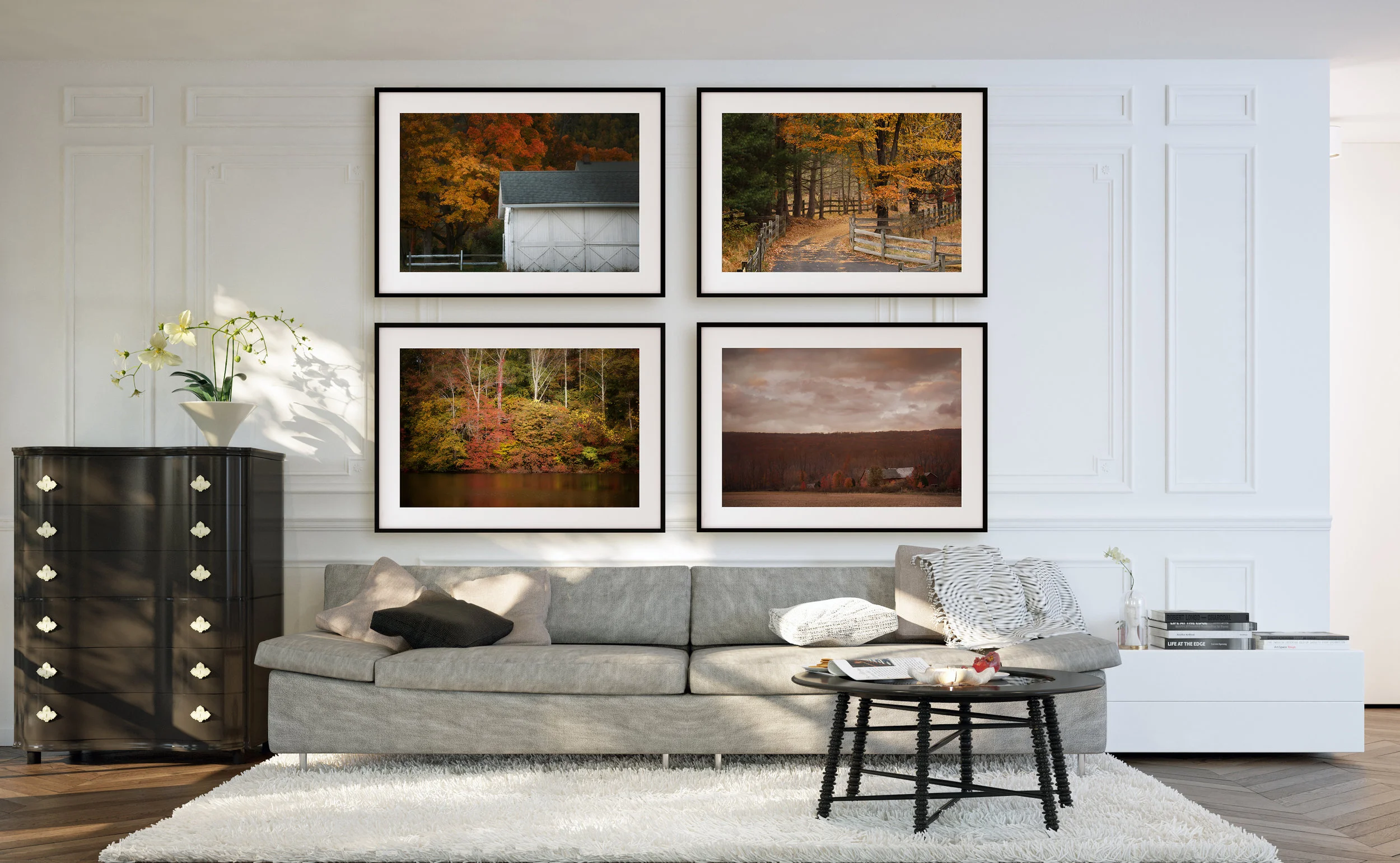 Living room art, red and gold decor