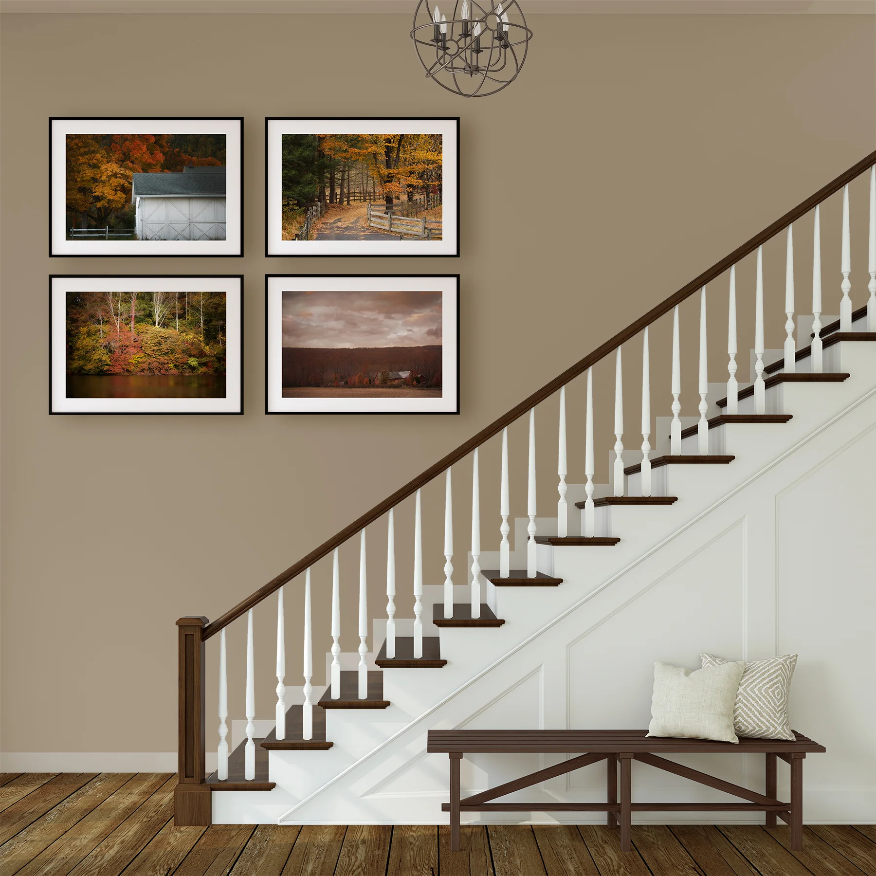 Set of 4 Prints, Red and Gold Fall Landscape, Rustic Decor