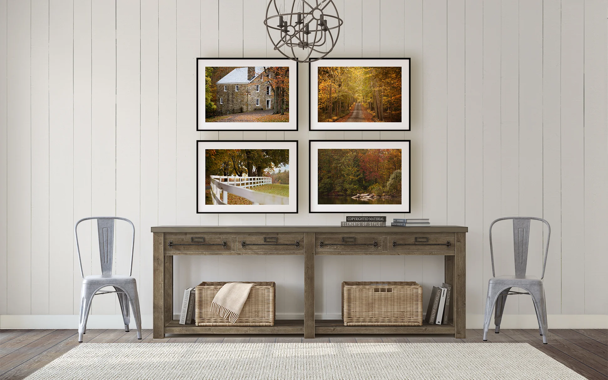 Set of 4 Prints, Green and Gold Fall Landscape, Farmhouse Rustic Decor