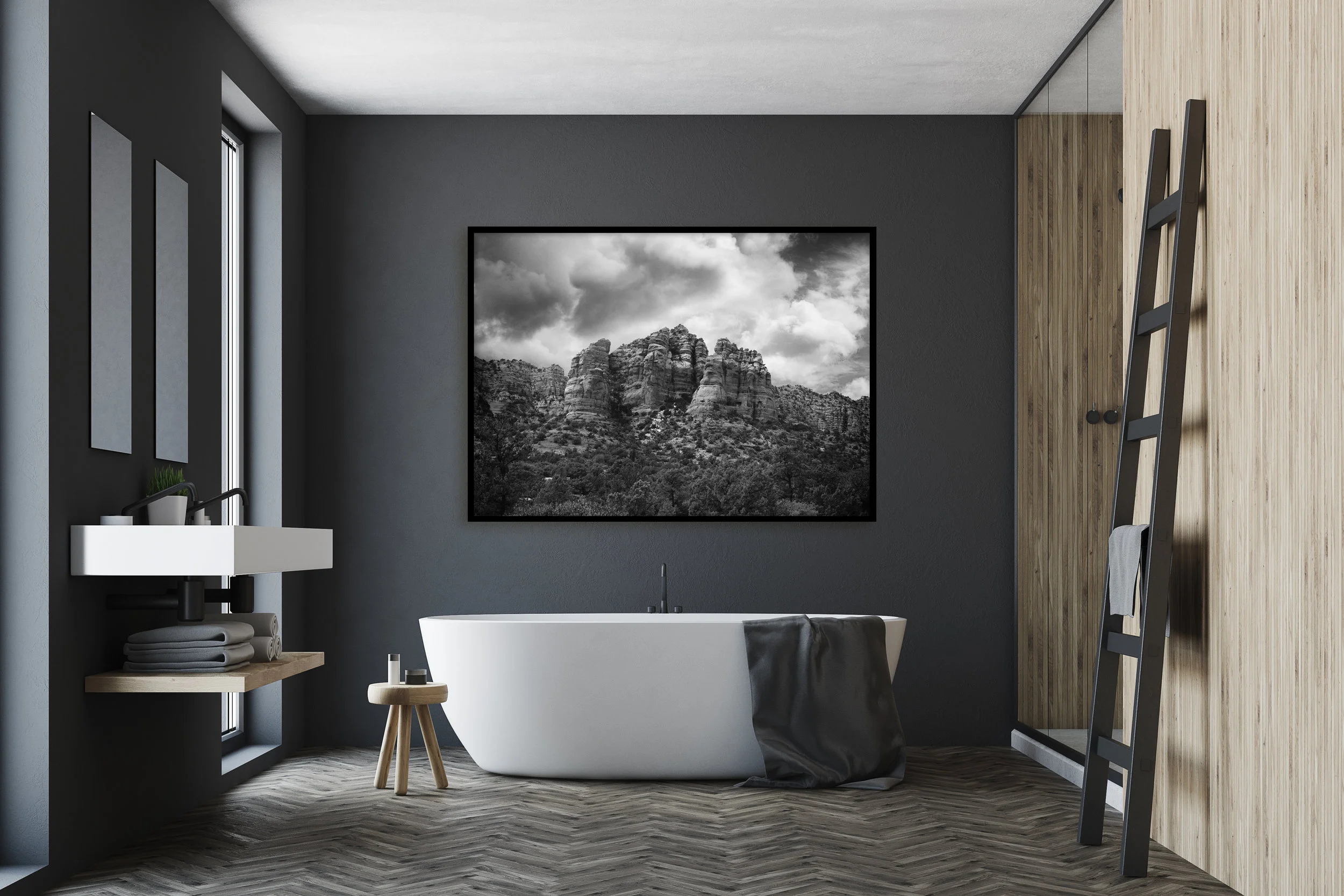 darkbathroomwithdesertprint.jpg