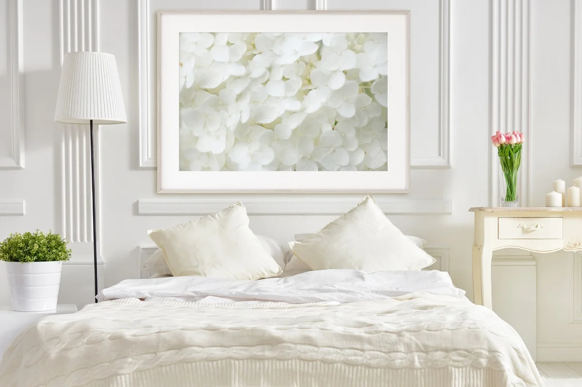 romantic white room with hydrangea print
