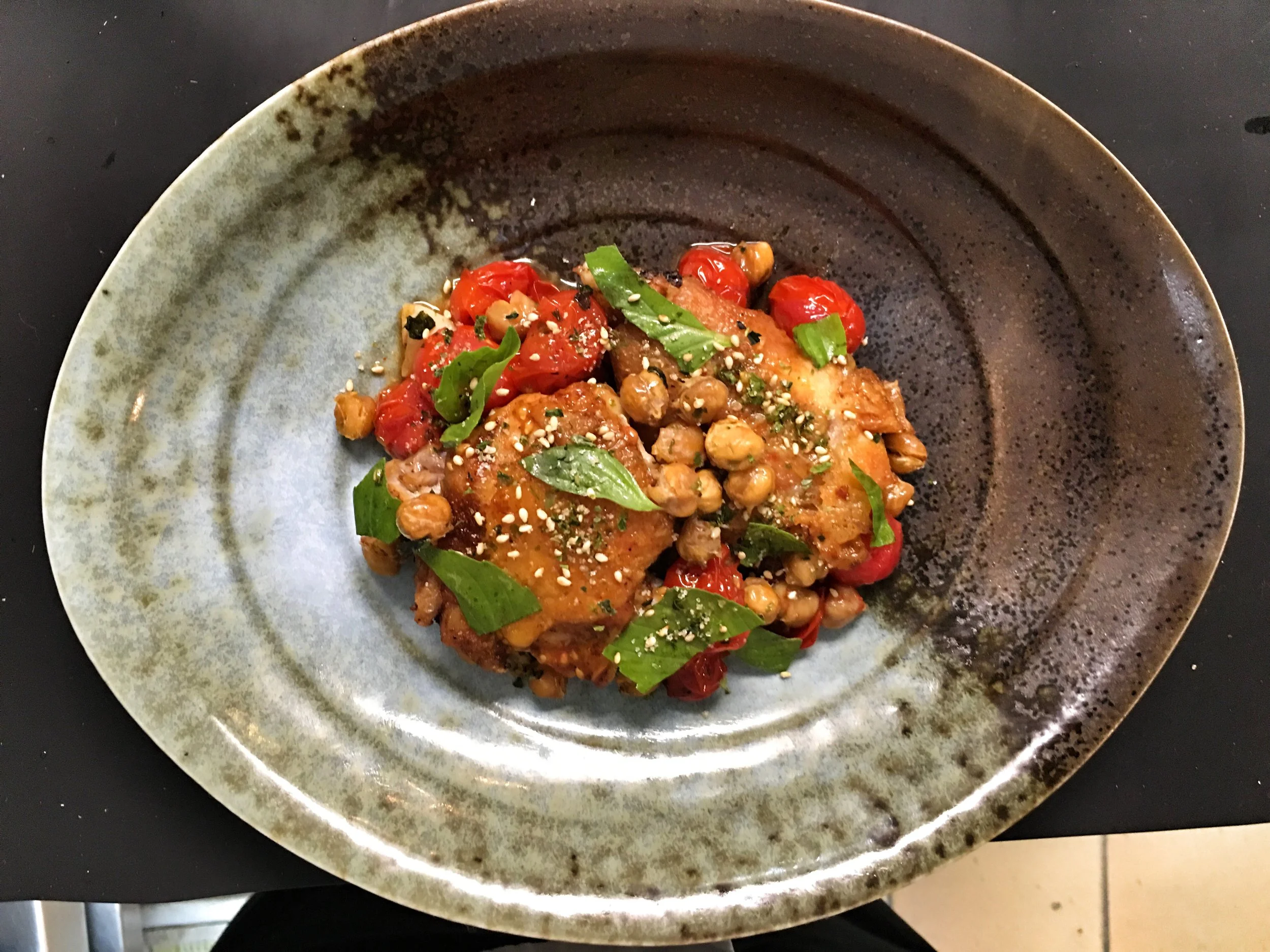 Pan-Seared Chicken Thighs , Blistered Tomatoes, Chickpeas and Basil