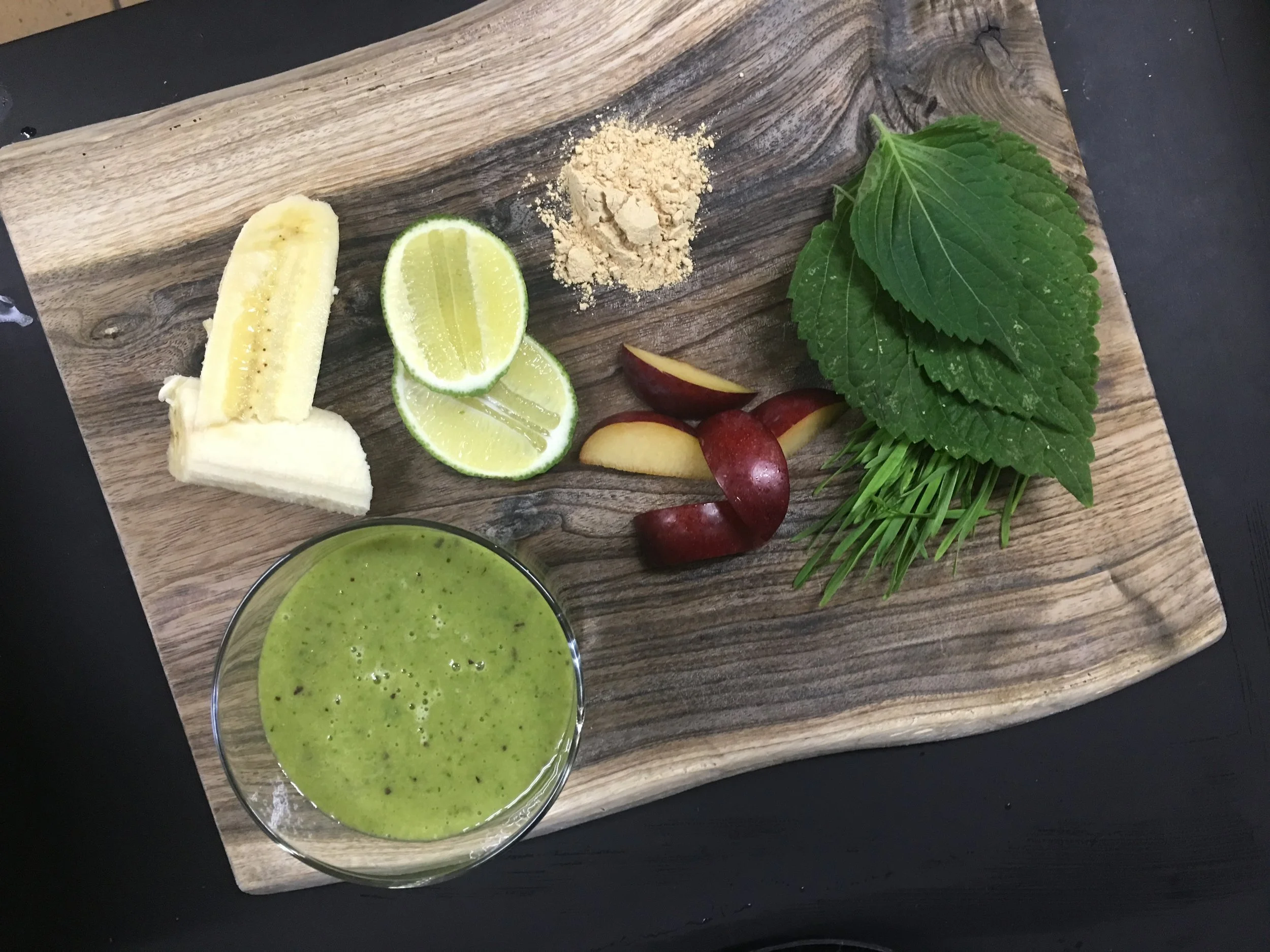 Plum, Frozen banana, Shiso, Wheatgrass, Lucuma Smoothie