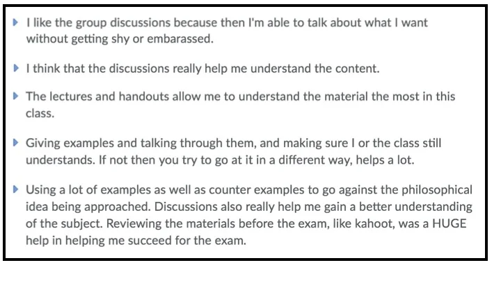 A selection of the mid-semester feedback that students in World Philosophy provided in response to the question "What helps you understand the material?"