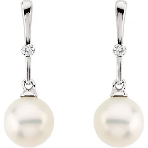 14K White Freshwater Pearl Diamond Earrings