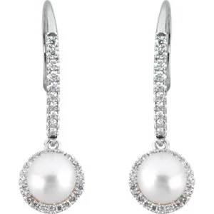 14K White Freshwater Pearl Diamond Earrings