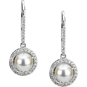 14K White Freshwater Pearl Diamond Earrings