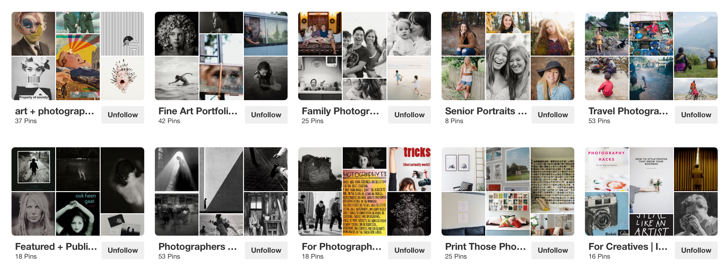 My thoughts on Debs Pinterest - Out of Deb’s 10 boards featured on the first two lines we see when we visit her profile, 6 boards contain her own imagery which is exactly what you want. For people to visit your profile and know who you are and what you do! The other 4 are full of photography related inspiration which is just perfect for reaching her target audience… Who is her target audience? Photographers looking to be inspired and educated. Note: Deb is an incredible photographer who happens to also be an amazing illuminate teacher ! See more of Deb’s work - INSTAGRAM // PINTEREST // FACEBOOK // WEBSITE A few fun Pinterest facts… It’s actually not a social media platform. It is essential a search engine. Being successful on Pinterest is less about your number of followers and more about how many people are seeing your pins. You can have next to no followers and be rocking Pinterest! To do so, you need to create brand relevant boards and pins and use keyword rich descriptions so people find your content. Of course, posting frequently is important too because the more active you are, the more your pins will show up which means a higher chance of repins which equates to more traffic! I used to get around 10,000 views a month on my Pinterest profile After implementing a super simple strategy and more regular pinning practises, that number rocketed to 200,000 views a month! I recently created a Pinterest strategy and pinning schedule for one of my clients and after just 6 weeks she has over 400,000 views a month! I know… Crazy! Pinterest honestly is worth taking the time to learn. Get in now. Be an early adopter before it’s saturated and it is hard for your pins to be seen. It’s a pretty easy platform to master and its super fun.