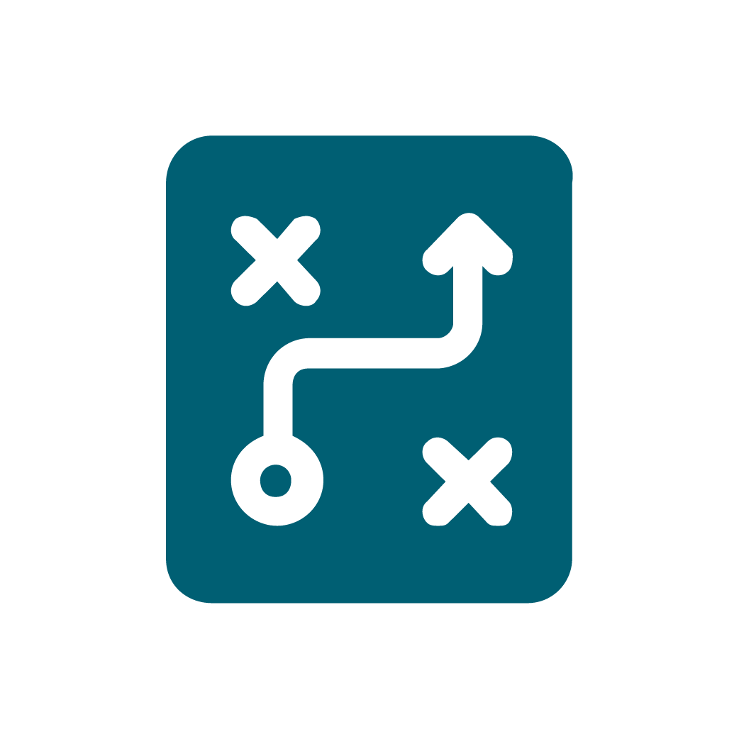 Icon of a playbook with a path marked by X's and an arrow, representing a strategy or game plan.