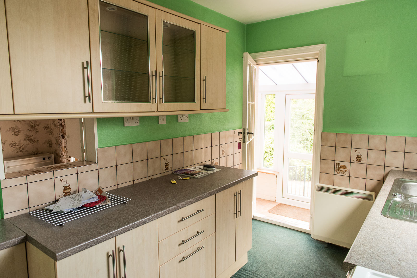 1930s semi - NEWISH KITCHEN WITH ANCIENT TILES &amp; A POP OF APPLE GREEN. FAB COMBO.