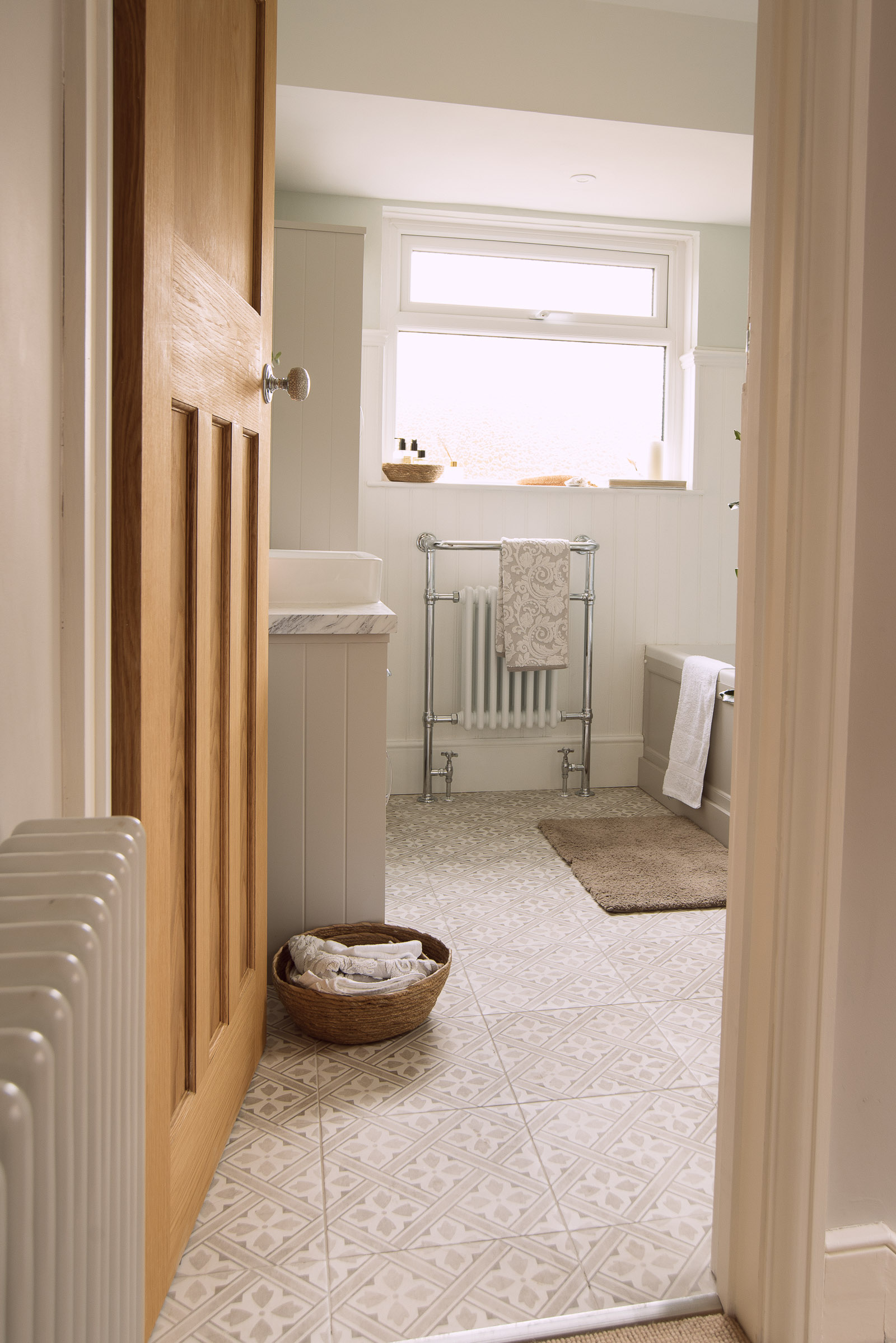 1930s bathroom ideas after renovation - Laura Ashley tiles in Dove Grey, available HERE.
