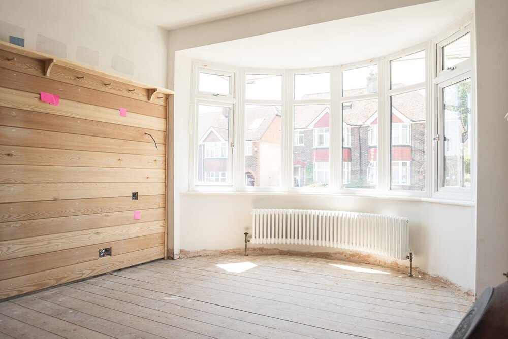 Living room interior design - heating options under bay window