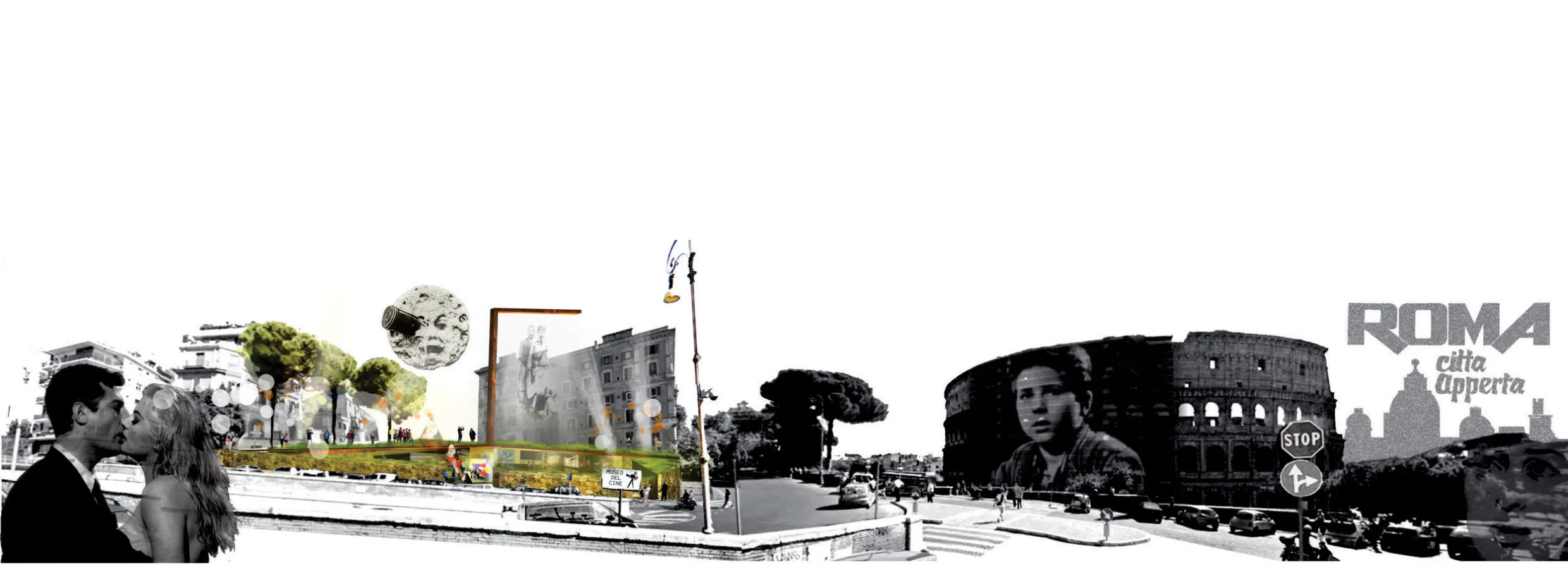  Espacio público  La plaza se eleva como una placa sobre el manto verde. La placa se recorta por medio de trazas inspiradas en el tejido de la ciudad de Roma. Estas trazas son trayectos, circulaciones, bordes, que responden a tensiones urbanas hacia 