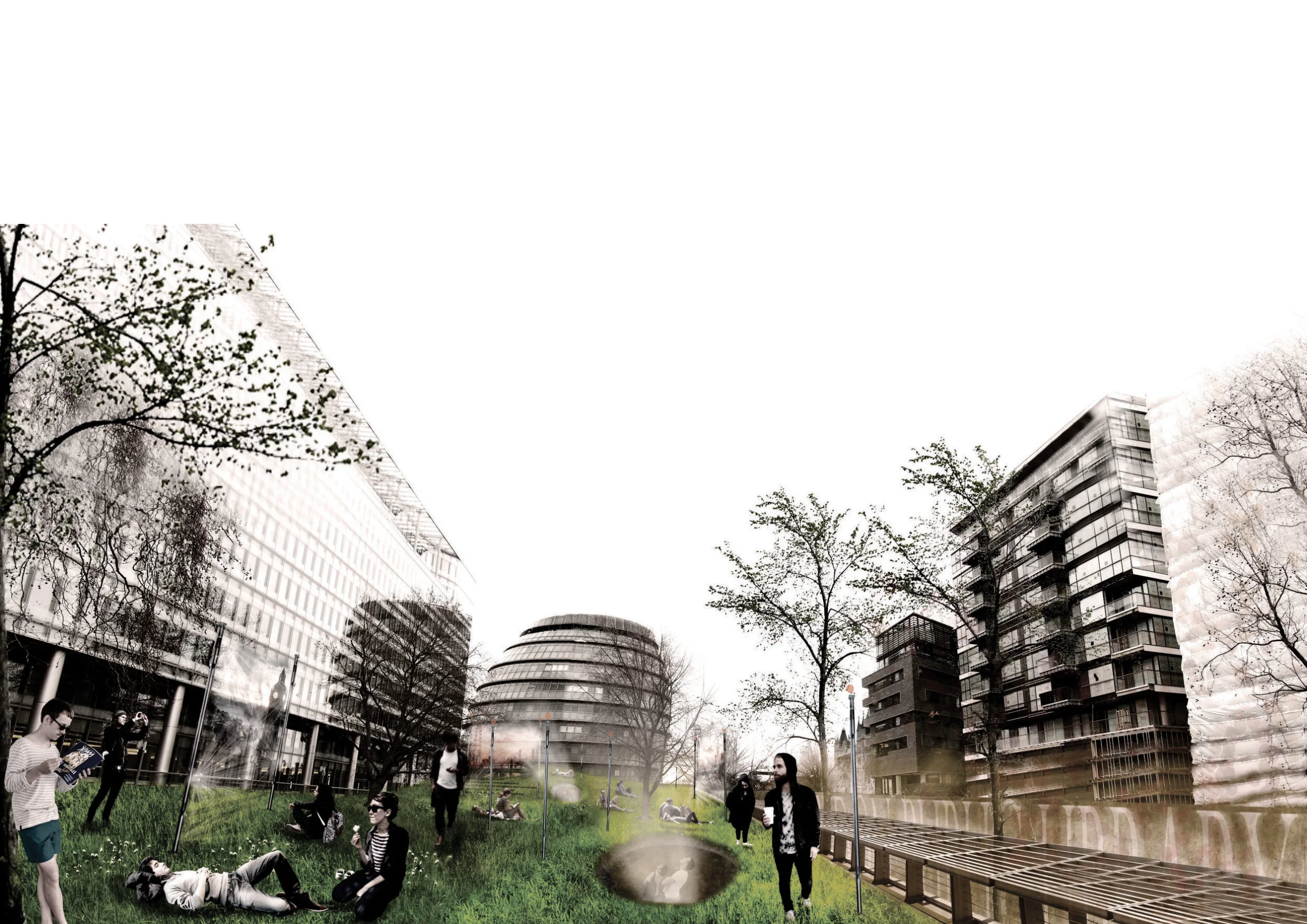  El edificio consolida un vacío urbano existente con gran potencialidad de conectividad. Es una plaza en el nivel de acceso, una  superficie de encuentro .  La lectura física y digital en la  superficie de encuentro ,&nbsp;permite la conexión urbana 