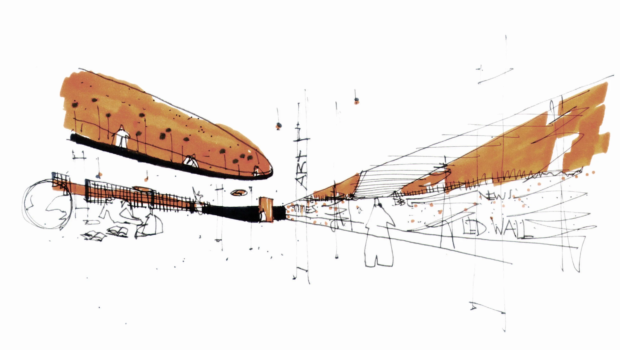  croquis &gt; superifice de encuentro nivel -1   La biblioteca de LND del siglo XXI es un puente de conexiones, digitales y físicas sobre una superficie de encuentro.   _________________________________________________________________________________