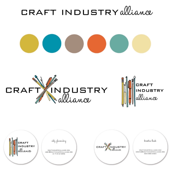 CRAFT INDUSTRY ALLIANCE: a trade organization that provides education, community and resources craft industry professionals. What I created: Logo, color palette and business cards Craft Industry Alliance founders Kristin Link and Abby Glassenberg came to me knowing that they wanted their identity to reflect the craft industry they served but they wanted to make sure it was inclusive to makers in a variety of genres. The color palette was based off their love for a minimalist 1960s aesthetic and the hand-illustrated tools embody the craftiness of their community without specifically appealing to only sewists. 