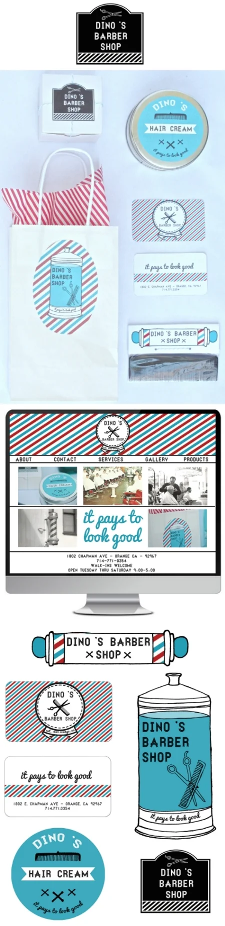 DINO’S BARBER SHOP: Classic men’s barbershop What I created: Branding, identity, logo, web and packaging. Cutting hair and trimming beards since 1962, Dino’s Barber Shop wanted a new look that kept the aesthetic of a classic barbershop but was a bit more modern. I made sure to incorporate the traditional barbershop colors into their branding while keeping the logo simple and black and white. Carrying over the look into the branding of their products and packaging was so much fun since I got to work with one of my favorite design elements: color as I juxtaposed vintage and modern feels.