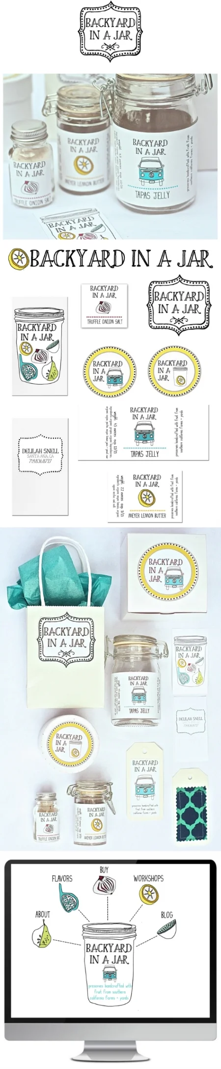 BACKYARD IN A JAR: Preserves handcrafted from fruit gathered in Southern California backyards and farms What I created: Branding, identity, logo, web, packaging and hangtags. Delilah Snell, the founder of Backyard in a Jar knows just about everyone in Orange County. Not only does she know them, but they invite her over to harvest their backyard offerings which often fell to ground before she hit the road in her 1970s Volkswagon bus to Southern California backyards for local produce to create her seasonal jams, preserves, jellies and more. It was essential to incorporate not just her love of seasonal harvesting but the integral part her VW bus plays in her business.