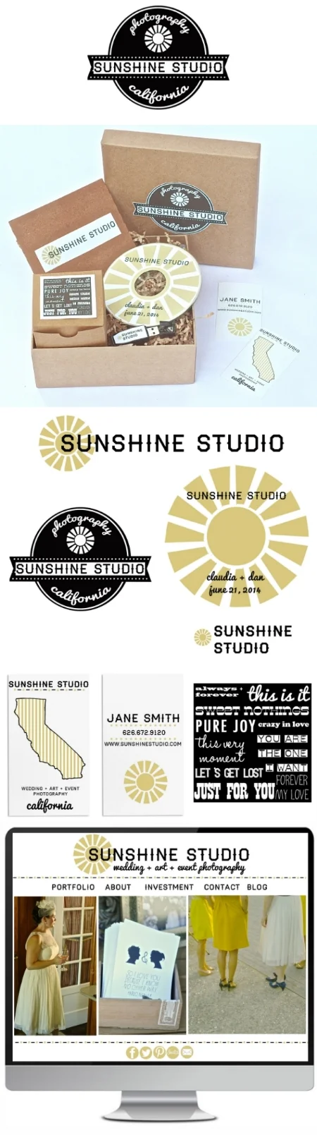 SUNSHINE STUDIO: wedding, art and event photography based in California. What I created: Name, branding, identity, logo, web and packaging. Sunshine Studio sought a identity reflecting both their home state of California as well as the mood of the special events they capture. They were also looking for a unique way to send couples their wedding photograph disks and flash drive.