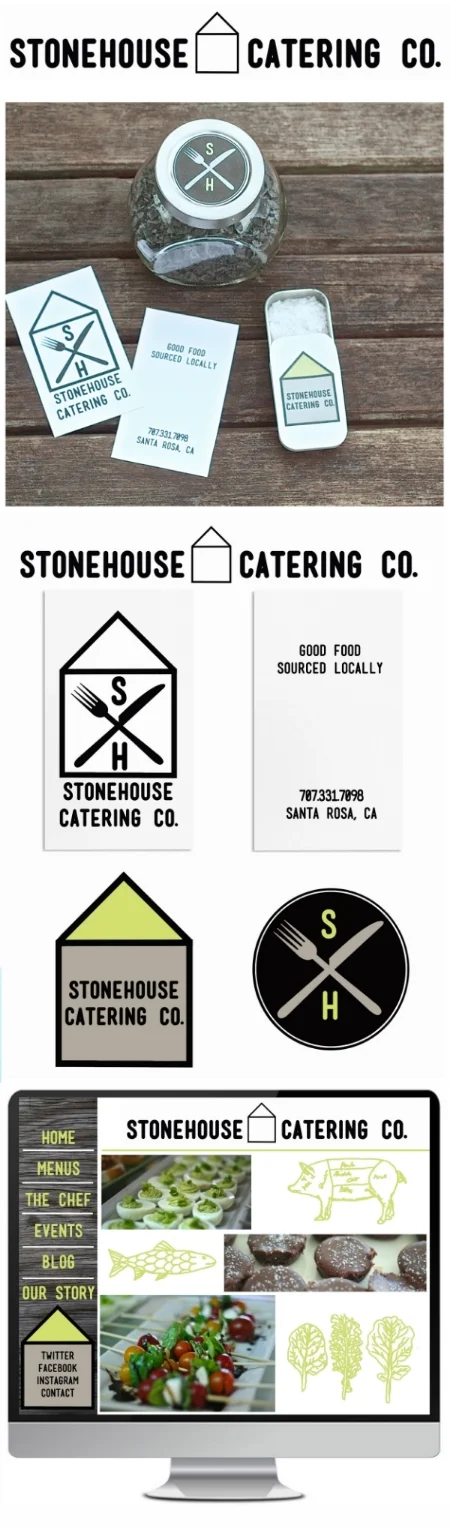 STONEHOUSE CATERING CO.: Sonoma County based catering company that focuses on local sustainable cooking. What I created: Name, branding, identity, logo, web and packaging. Stonehouse Catering Co. wanted a simple modern look with a pop of color that had elements utilizing the imagery of their name as well as reminding clients of the farm to table feel of both their company as well as Sonoma County. Their deep affection for flake sea salt inspired the sea salt tin business card.