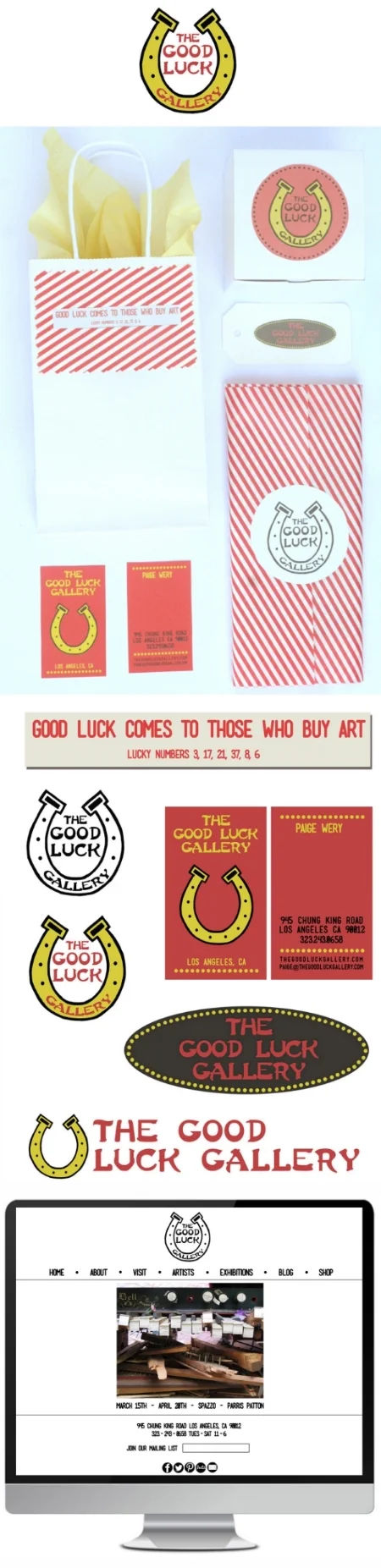THE GOOD LUCK GALLERY: art gallery in the heart of Los Angeles’s Chinatown What I created: branding, identity, logo, web and packaging. When artist and publisher of Artillery Magazine, Paige Wery decided to open her first gallery I couldn’t wait to assist with her logo and branding. In the heart of Los Angeles’ Chinatown on Chung Kind Road, The Good Luck Gallery needed an identity that embodied its’ unique location but would look great in black and white since it would be paired with so many different types of art in varying color palettes. I loved creating the “Good luck comes to those who buy art” fortune that Wery will have tucked inside fortune cookies in the gallery.