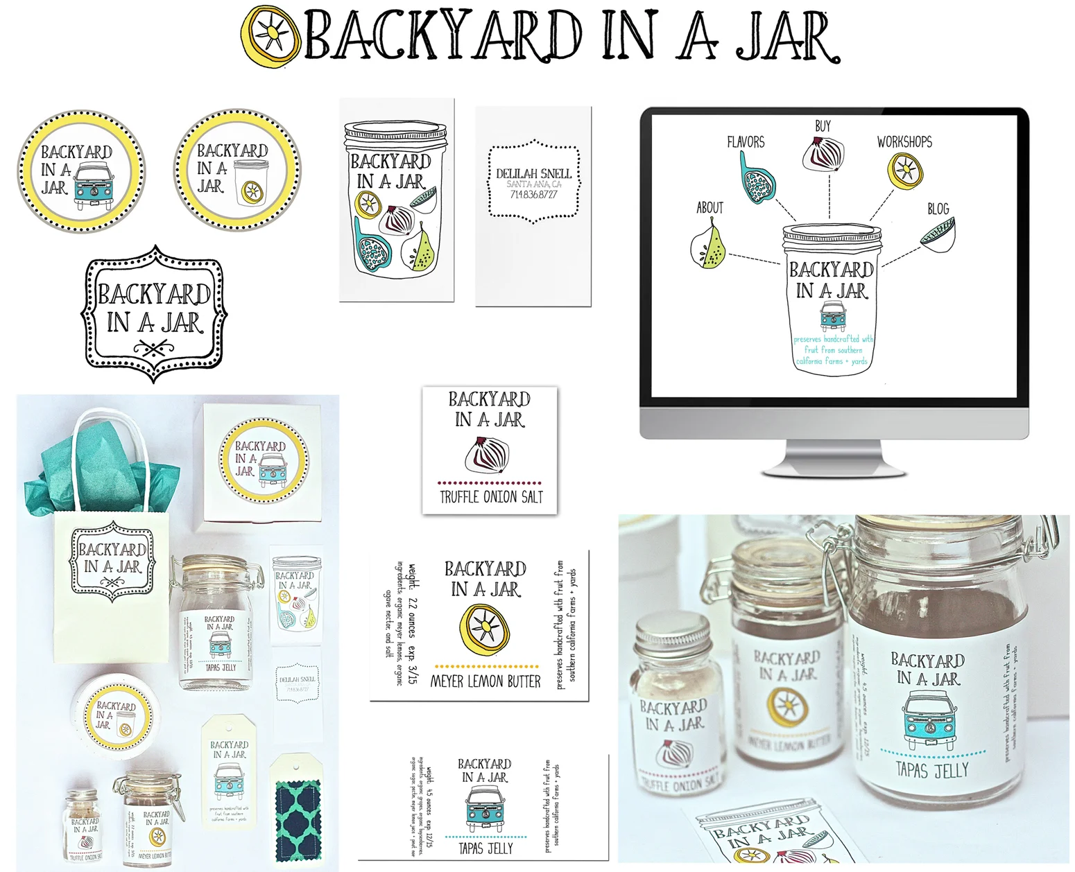 BACKYARD IN A JAR: Preserves handcrafted from fruit gathered in Southern California backyards and farms What I created: Branding, identity, logo, web, packaging and hangtags. Delilah Snell, the founder of Backyard in a Jar knows just about everyone in Orange County. Not only does she know them, but they invite her over to harvest their backyard offerings which often fell to ground before she hit the road in her 1970s Volkswagon bus to Southern California backyards for local produce to create her seasonal jams, preserves, jellies and more. It was essential to incorporate not just her love of seasonal harvesting but the integral part her VW bus plays in her business.