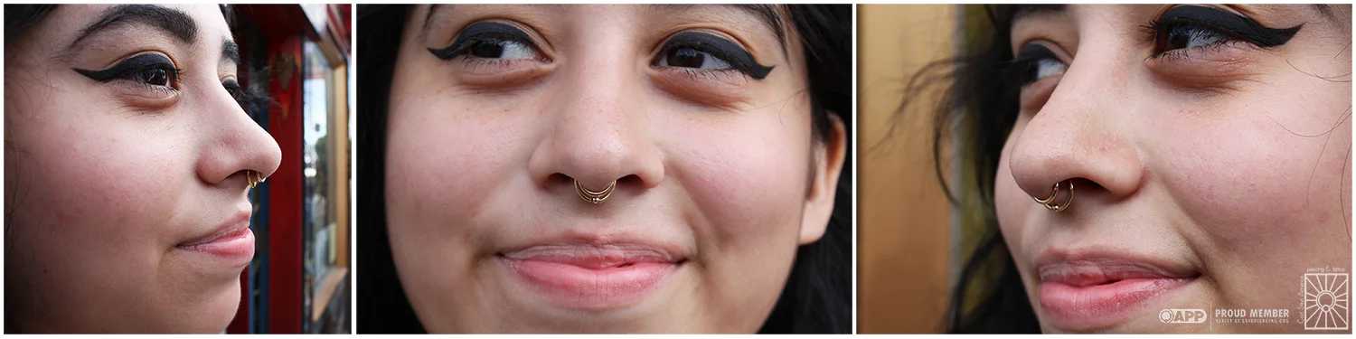 Something you don’t see too often: a double septum piercing! The front piercing (now completely healed) was done by Becky, the new second piercing was done by Mic. We upgraded the front piercing to a 16g 5/16″ solid Yellow Gold continuous ring, and started off the new piercing with a 16g 3/8″ solid Yellow Gold fixed bead ring, both pieces from Body Vision Los Angeles. We love getting to do interesting projects!