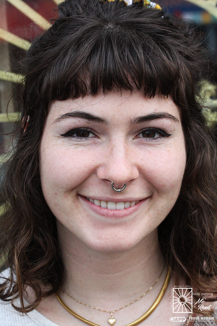 Fresh 12g septum piercing Mic got to do the other day, with a beautifully shiny implant-grade steel captive bead ring from industrial Strength! So cute!