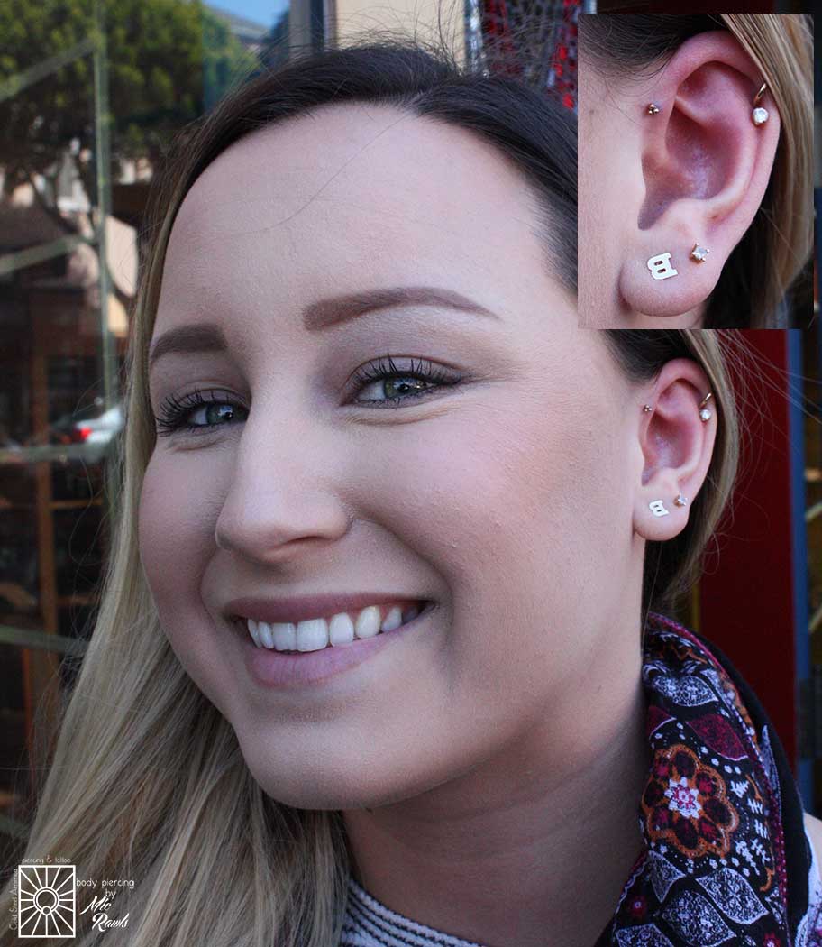 Fresh forward helix piercing wearing a solid Yellow Gold tri-bead piece from Body Vision Los Angeles.
