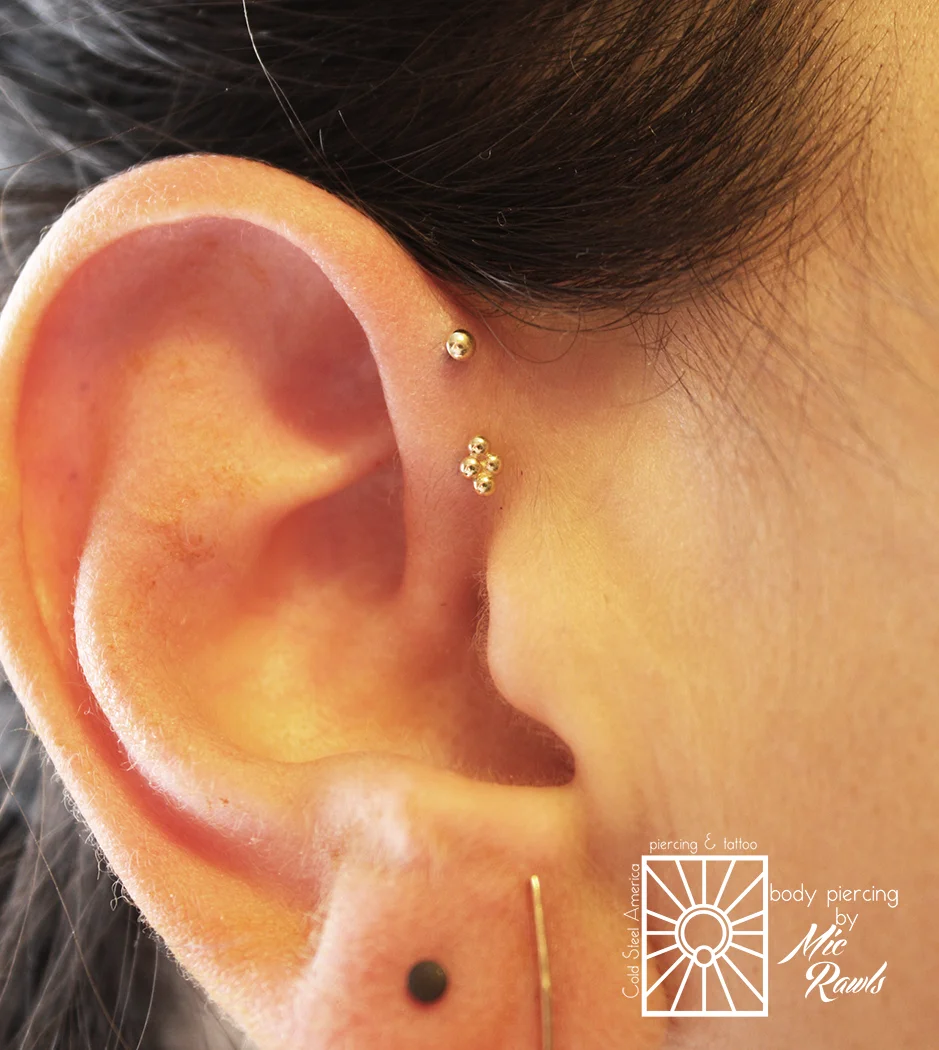 Fresh forward helix piercings Mic did the other day, and we love this gorgeous gold combo the client chose! Jewelry from NeoMetal and Body Vision Los Angeles.