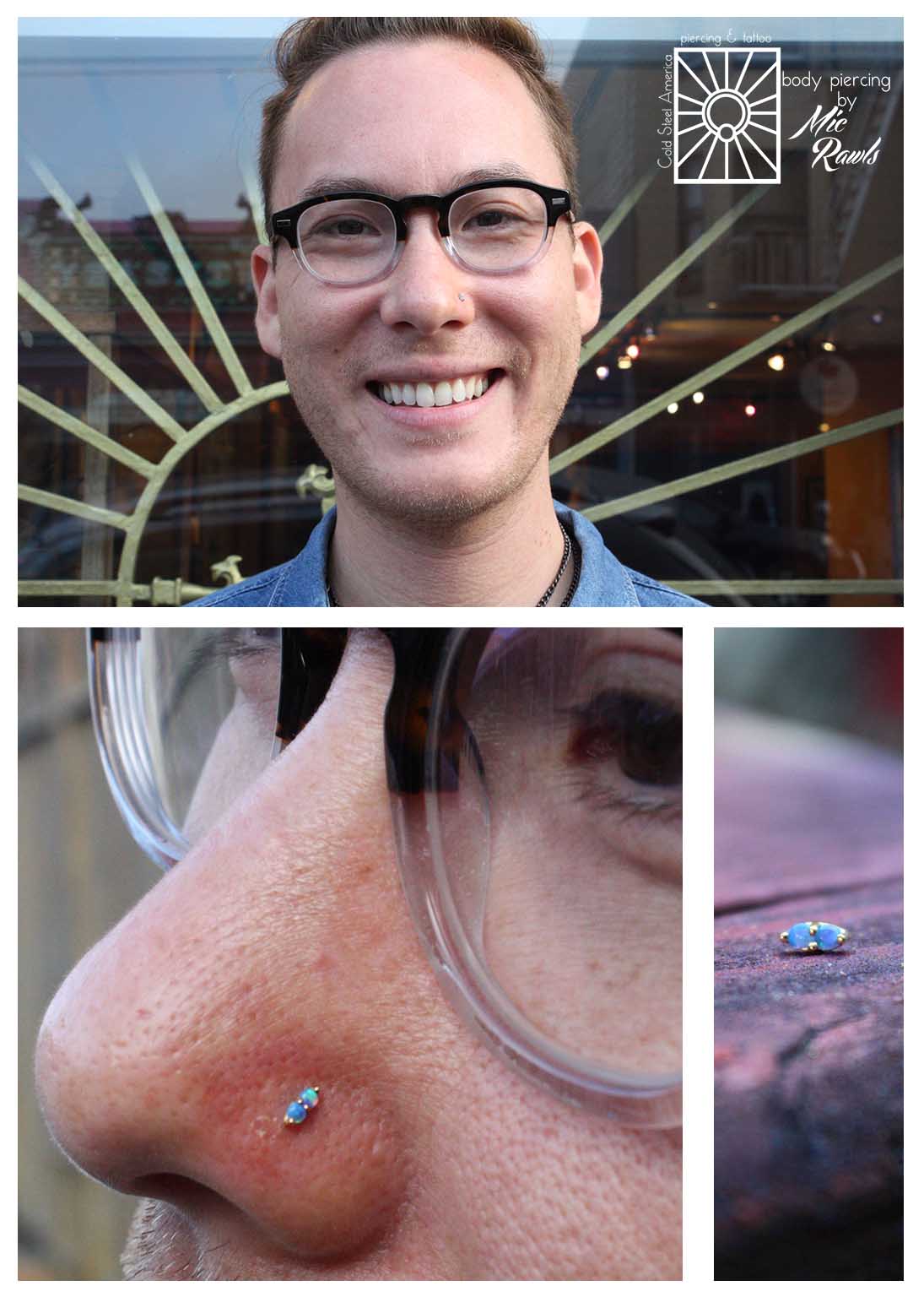 This handsome gentleman had us help him pick out the cutest piece of jewelry for his new nostril piercing today! Solid 14 karat Yellow Gold "Marquis Illusion" threadless end with synthetic Sky Blue Opals from Body Vision Los Angeles fitted to a titanium post from NeoMetal. Such a fantastic choice for a fantastic client!