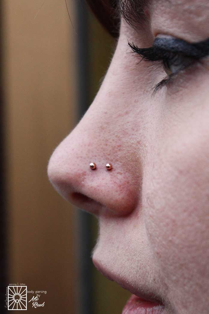 Fantastically cute set of nostril piercings Mic did the other day! 2mm solid 14 karat Rose Gold beads from Body Vision Los Angeles fitted to titanium posts from NeoMetal. This is such a great look!
