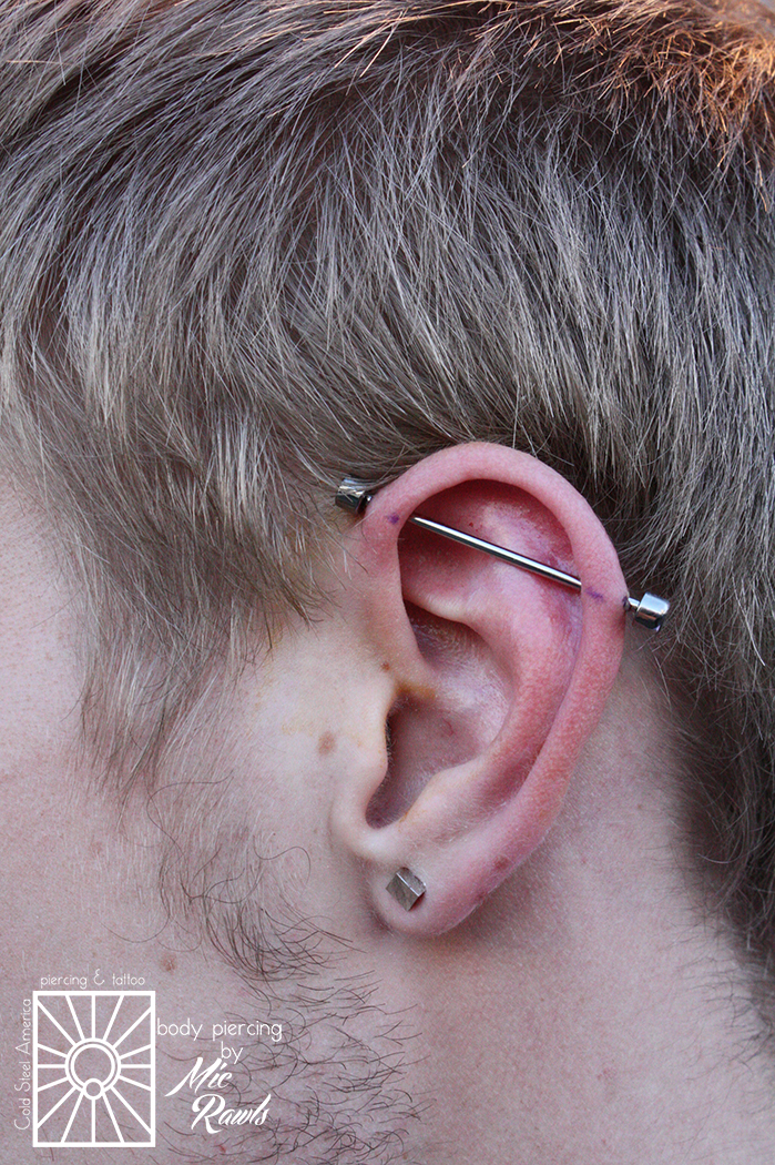 Fresh 14g industrial Mic did the other day with titanium “piston” ends from Industrial Strength, we love when clients get adventurous with their jewelry choices!