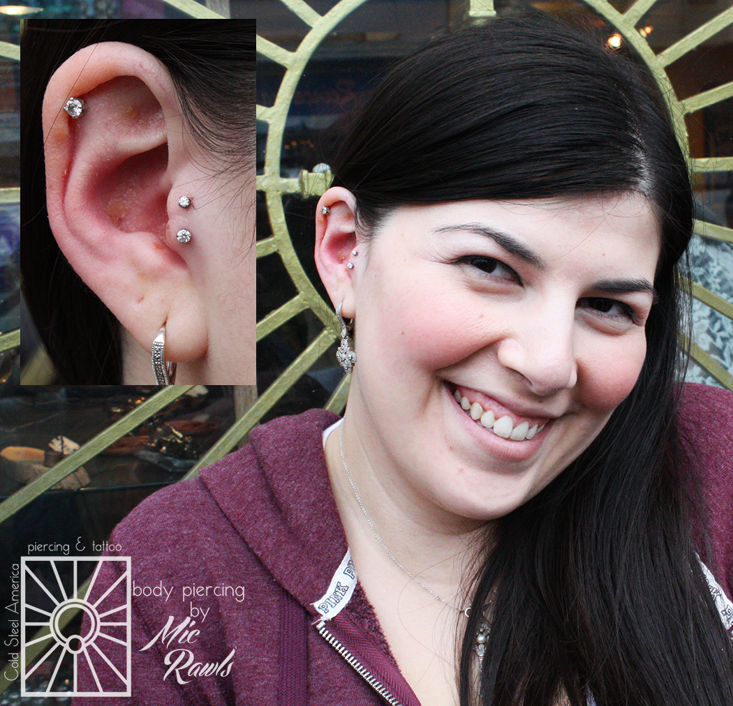 Fresh double tragus piercings wearing 16g (1.2mm) titanium push-pin barbells with 2mm and 2.5mm cz's from NeoMetal.