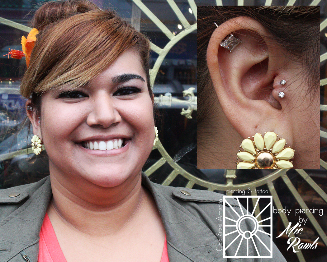 Fresh double tragus piercings wearing 16g (1.2mm) titanium push-pin barbells with 2mm and 2.5mm cz's from NeoMetal.
