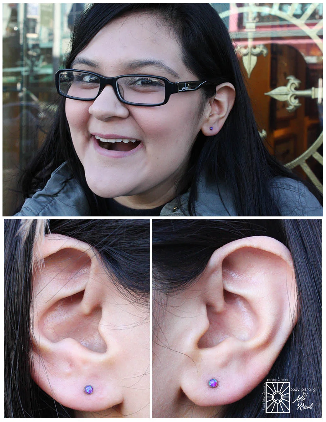 This young lady was just fantastic! She waiting all this time to get her first piercings, her earlobes, and we're so glad she chose us for her visit! 18g (1mm) implant-grade titanium push-pin barbells with 3mm synthetic Purple Opals from NeoMetal.
